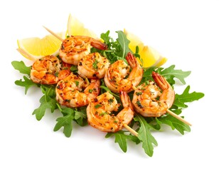 Grilled shrimp skewers with arugula and lemon
