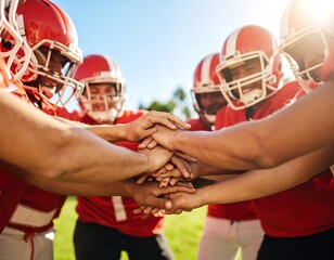 Youth football team in a huddle. Hands clasped in a circle, focused on unity. Bright sunny day