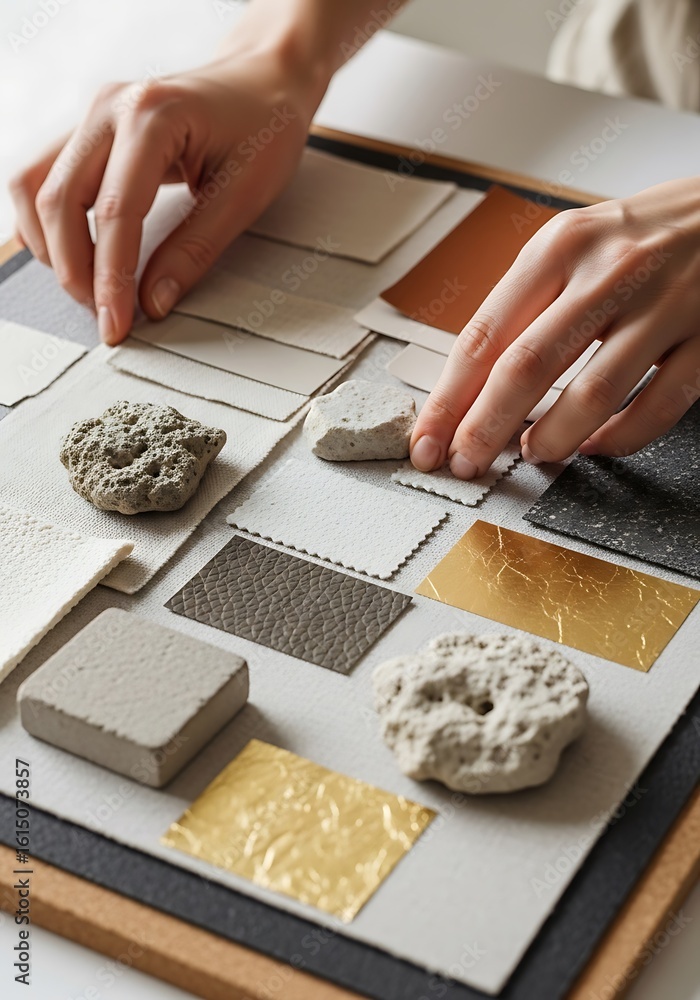 Poster hands arranging texture samples for design project concept demonstration mockup