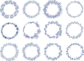 Abstract dooble leaves and flower in navy blue color wreath ornament for decoration on on classic style nature and wedding event.