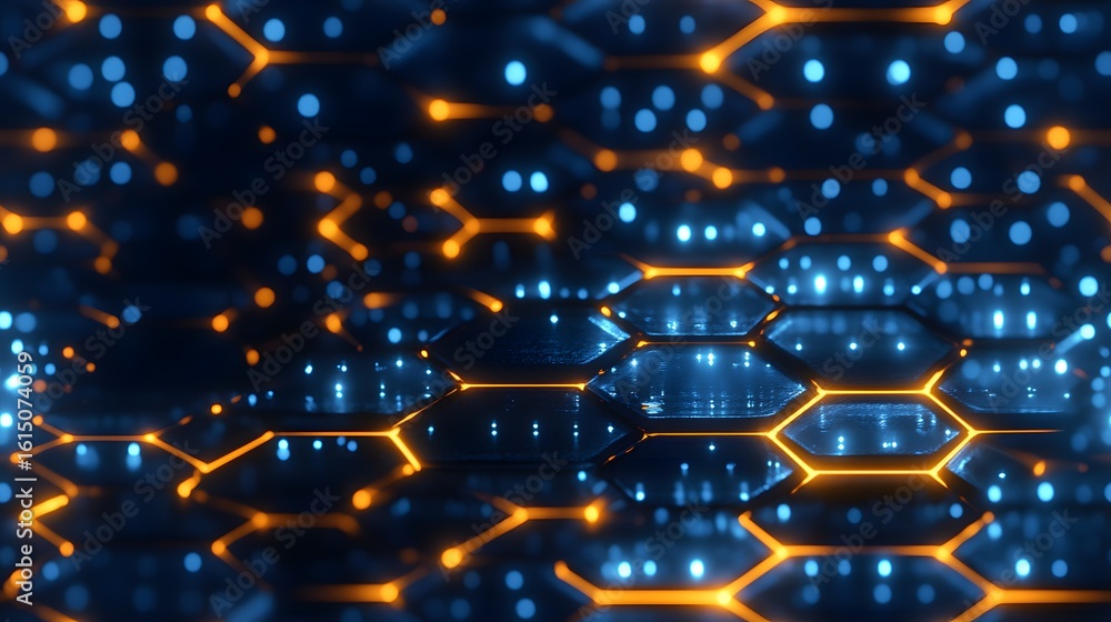 Poster abstract geometric pattern of glowing hexagons.