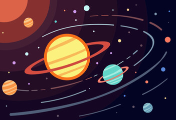 Colorful planets in space with swirling orbits and stars  