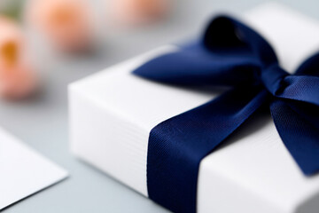 Navy blue ribbon wrapped gift box on white background elegant present packaging