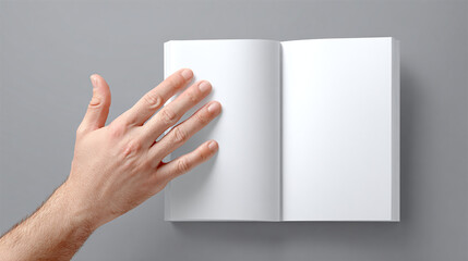 Open book with blank pages, hand visible, ready for content.  Ideal for design mockups and visualizing written material in a clean, minimalist style.