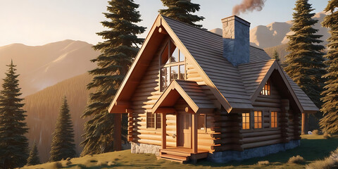 Cozy Log Cabin in Pine Forest with Chimney Smoke at Sunset

