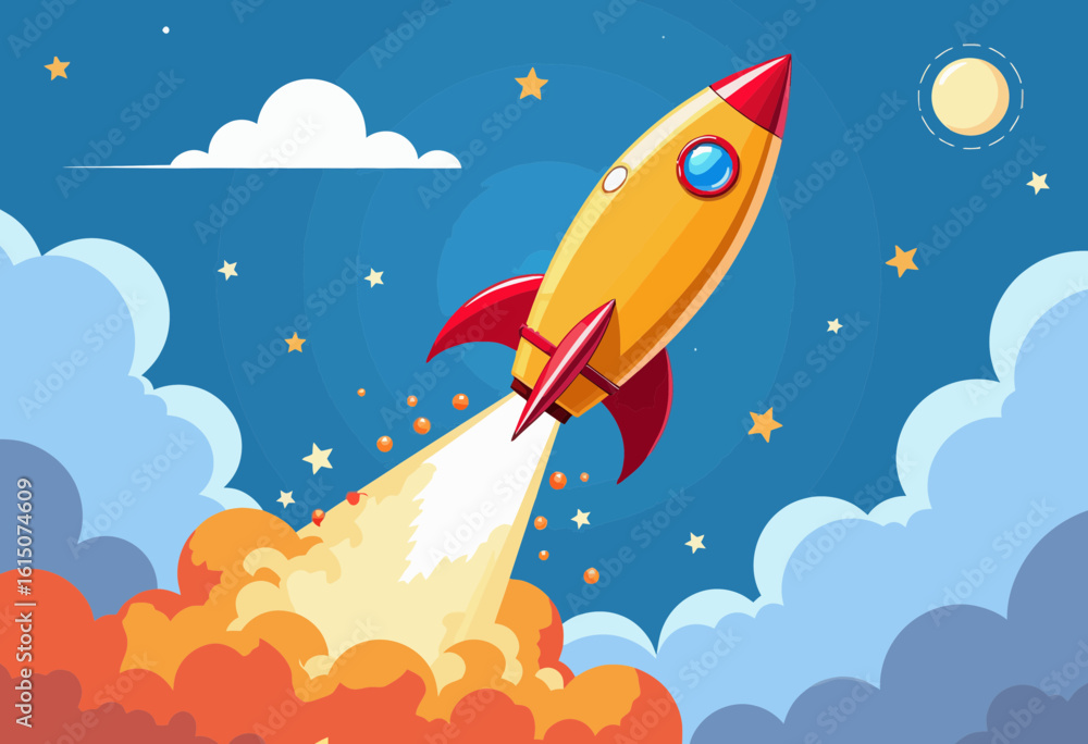 Poster rocket launching into space with flames and clouds in the background