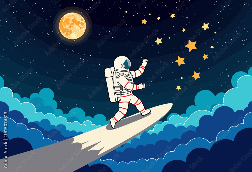 Poster astronaut walking on a rocket through colorful clouds in space