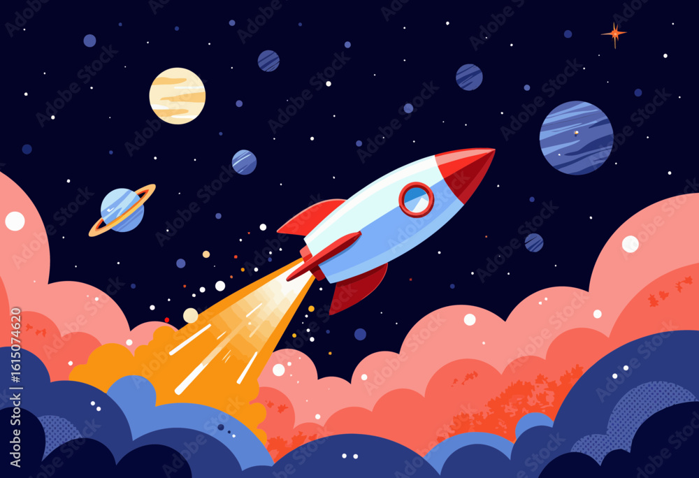 Poster rocket launching through colorful clouds in space with planets