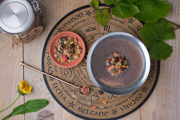 Overhead View of Beltane Incense Ritual on an Incense Burner with Tealight