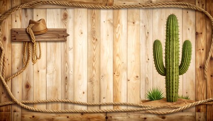 Rustic wooden backdrop with cactus, cowboy hat, and rope border