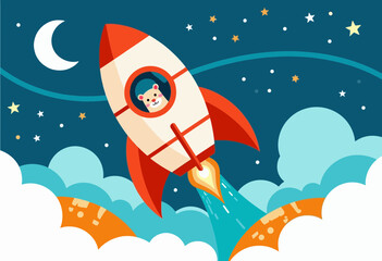 Cartoon rocket with bear flying through colorful night sky  