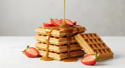 Stack of Waffles with Caramel Sauce and Strawberries