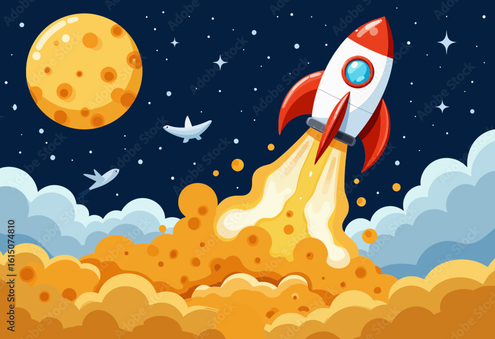 Aufkleber rocket launching into space with moon and clouds in background