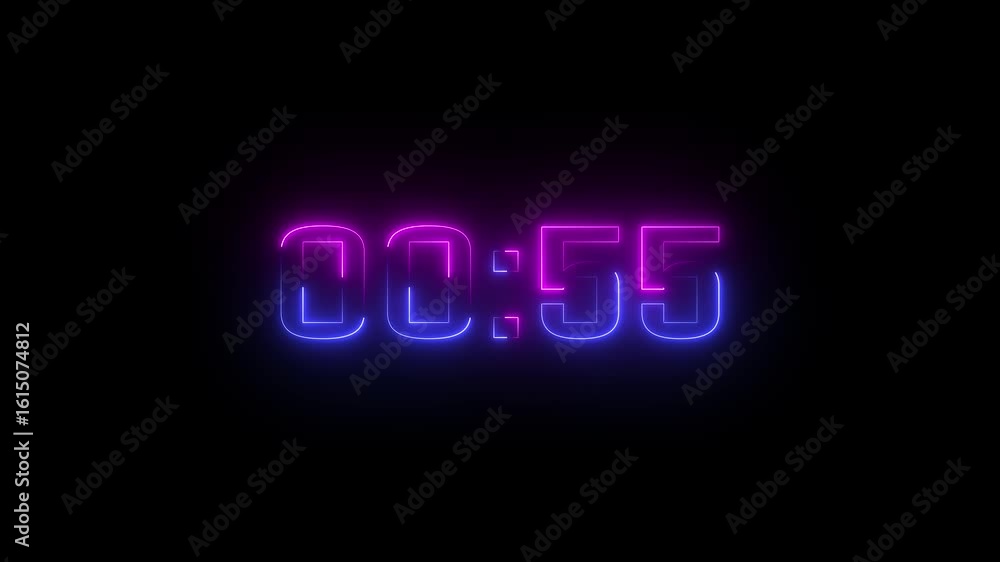 Poster neon one minute digital timer. 1 minute digital negative countdown. seconds on transparent backgroun