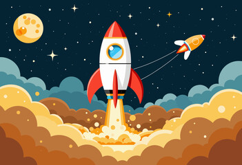 Cartoon rocket launching into space with stars and planets visible  