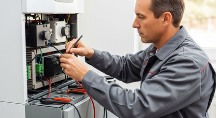 The master repairs the electrical part of the heating boiler, maintains heating and heat conservation systems