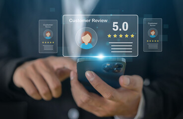 Customer satisfaction feedback with five star rating system, hand hold smartphone with digital smiley face quality service review, business evaluation, client experience, online review management