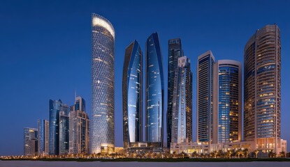 Coastal city skyline at twilight