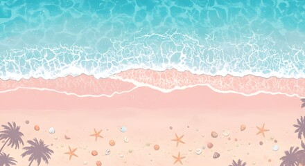 Beach view with waves and sand with shells and starfish, top view