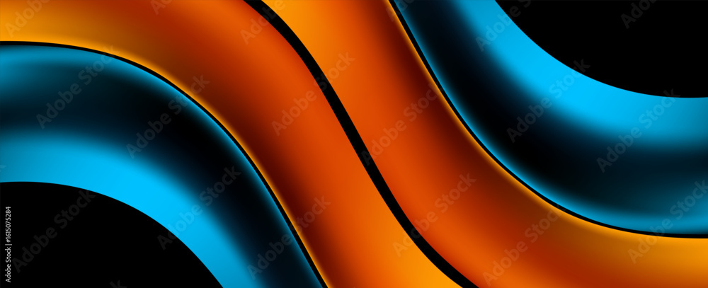 Wall mural 3d blue yellow abstract background with overlapping layers on dark space with flowing wave effect de