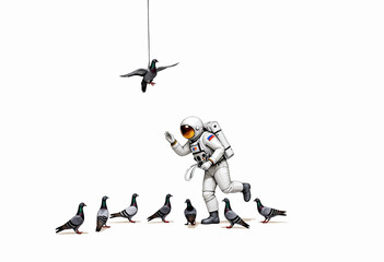 Astronaut interacting with pigeons in a surreal outdoor setting  
