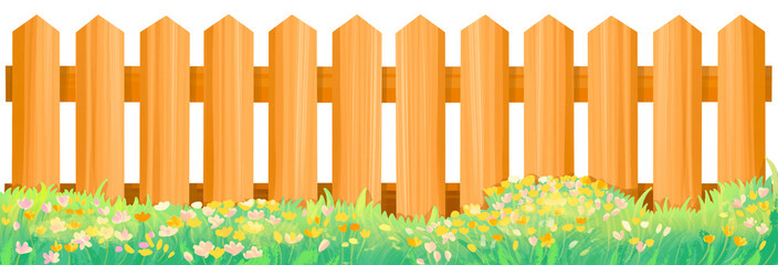 Wooden Fence with Flower Meadow Illustration