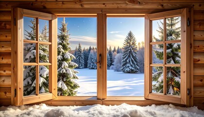 Snowy winter scene viewed through open wooden window