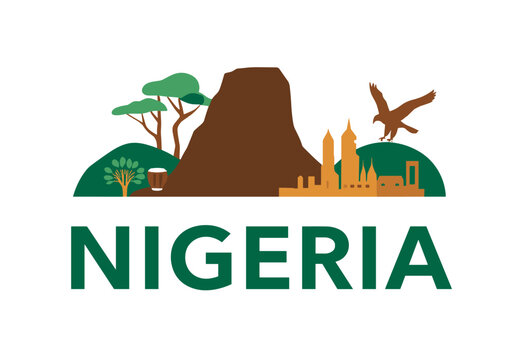 Flat vector of Nigeria with Zuma Rock, city skyline, bird, trees and rural elements. Urban and natural identity concept