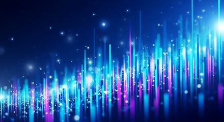 Abstract glowing digital data stream with vibrant blue and purple light streaks and sparkling particles against a dark background