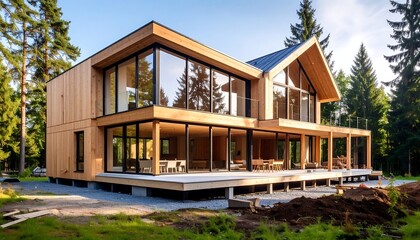 Fototapeta premium Modern wood house, large windows, deck, forest setting