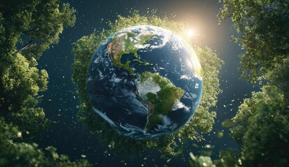 Earth nestled in a lush forest canopy, sunlight