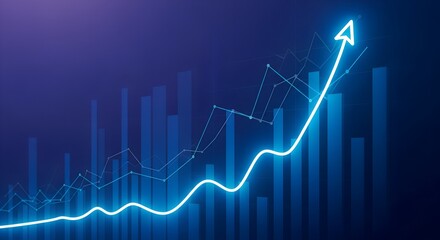 Glowing blue neon line graph with upward arrow showing strong financial growth and positive business trend against a dark background