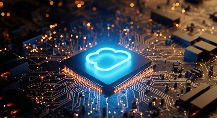 Futuristic glowing blue cloud icon illuminates a complex interconnected circuit board with vibrant orange and blue digital data streams