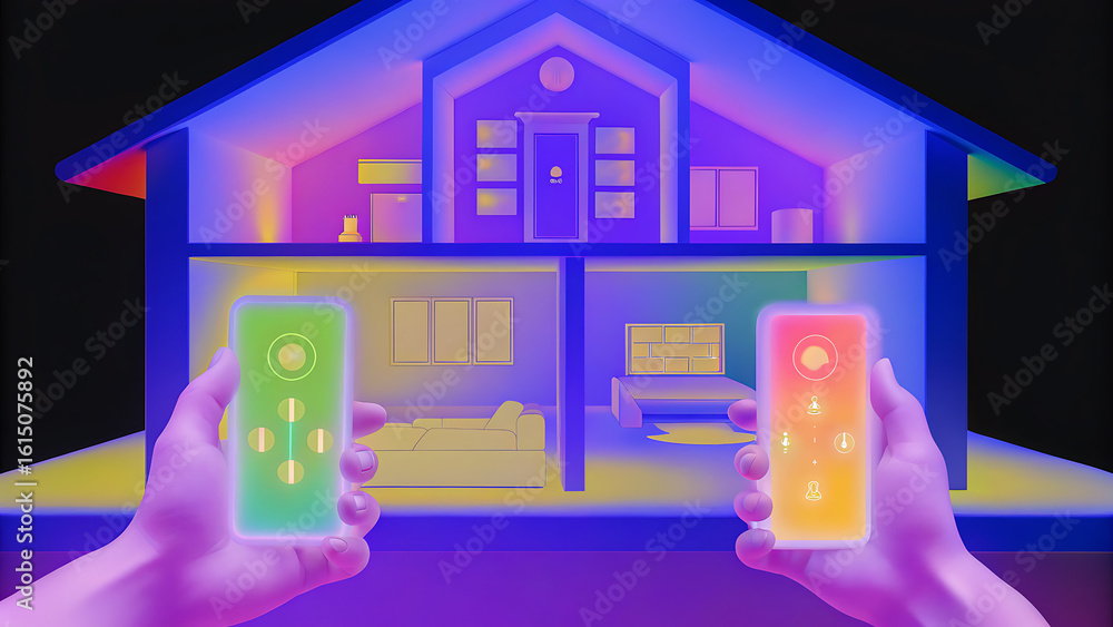 Poster smart home concept person controlling electronic devices in house via digital hologram control panel