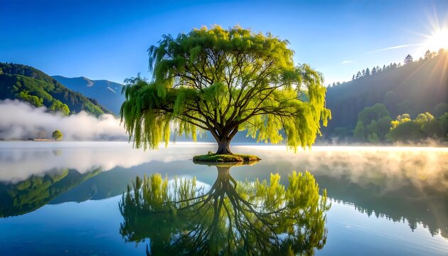 Solitary willow tree on a small island in a calm lake at sunrise, perfectly mirrored in the still water, with mountains in the background and mist rising from the lake