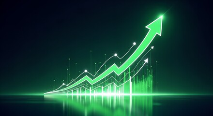 Glowing green upward trending arrow graph with digital data points and reflections symbolizing financial growth and success