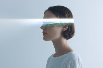 A person projects a serene landscape from their forehead onto a wall. This image symbolizes visualization, imagination, and the power to create one's own mental reality. Ideal for meditation
