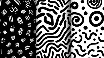 Geometric Designs: A compilation of striking black and white geometric patterns suitable for creating captivating backgrounds, textile designs, and digital artwork.