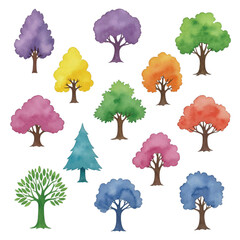 Diverse collection of colorful watercolor trees in various shapes