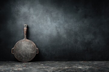 Rusty cast iron skillet against dark wall