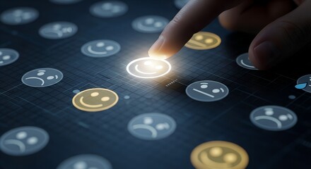 Finger selecting a glowing happy face emoji from a grid of various emotion icons representing customer satisfaction and feedback