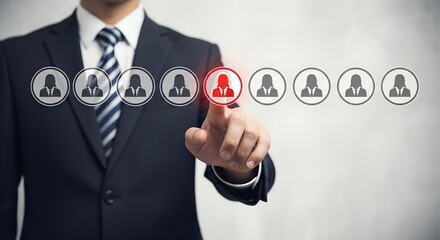 Businessman in suit pointing at a red illuminated human icon in a row of employee selection icons on a digital interface