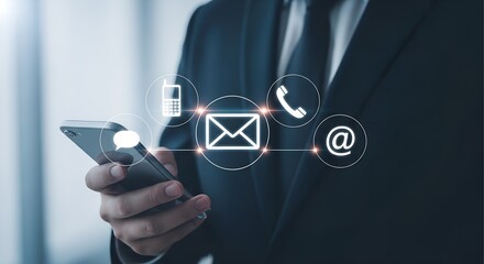 Business professional using smartphone with digital icons representing communication channels like email phone and contact information