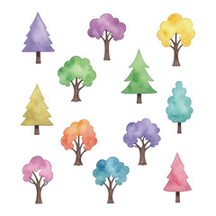 Diverse collection of colorful watercolor trees in various shapes