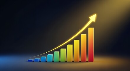 Brightly illuminated upward trending bar graph with a glowing arrow indicating significant financial growth and success