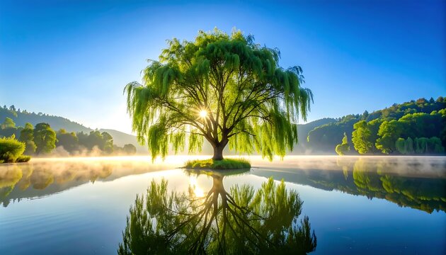 Solitary willow tree on a tranquil lake at sunrise, its reflection mirrored perfectly in the still water - Powered by Adobe