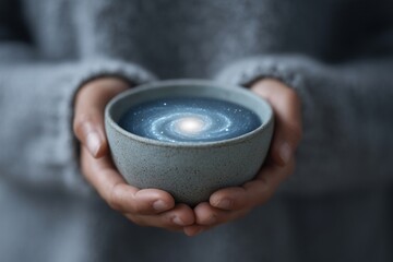 A person holds a teacup containing a swirling, miniature galaxy. This image elevates a simple self-care ritual into a magical, cosmic experience of mindfulness