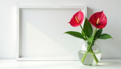 Elegant white frame mockup; vibrant monstera in glass vase on white table , design, interior