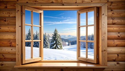 Snowy mountain view seen from a rustic wooden cabin window