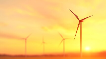 Wind turbines silhouetted against a warm golden sunset sky